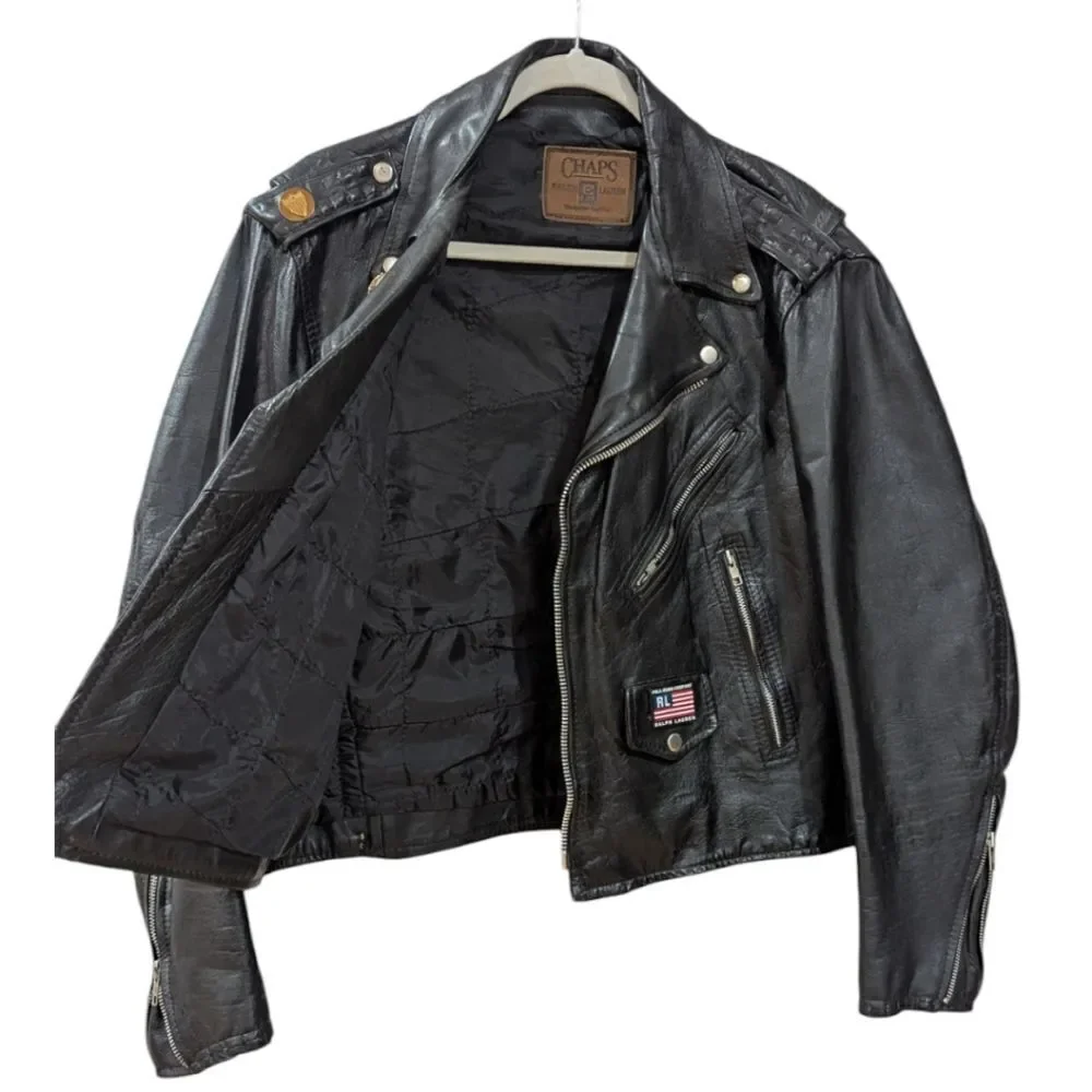 Vintage Ralph Lauren x Chaps U.S ARMY 100% Leather Moto Jacket Men's S in black - Picture 4 of 9